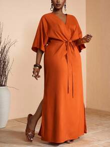 Veslaya Đầm maxi cỡ lớn Xuân/Hè mới về, thích hợp cho kỳ nghỉ, đi nghỉ mát, đi dự tiệc và mặc hàng ngày. Đầm ôm dáng, màu kaki trơn, cổ chữ V, tay áo trễ vai, thắt eo, xẻ tà, chất liệu vải dệt họa tiết. Đầm maxi cỡ lớn màu cam, đầm cỡ lớn màu cam cháy, đầm quấn cỡ lớn. - màu nâu - Xem 2