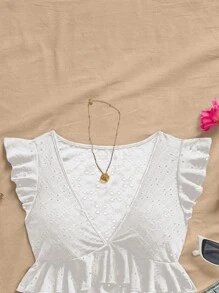 Soleia WYWH Women Vacation Eyelet Embroidery Ruffle Trim Crop White Top Top - White - View 4