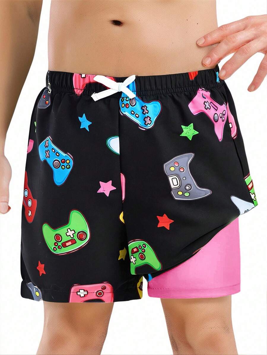 SHEIN Tween Boys' Casual Vacation Style Printed Pattern Loose Woven Lined Mixed Solid Knit Swim Trunks Boys Swim Trunks Boys Swim Shorts Video Game Swim Trunks Gamer Swim Trunks Tween Swim Trunks - Hot Pink - View 1