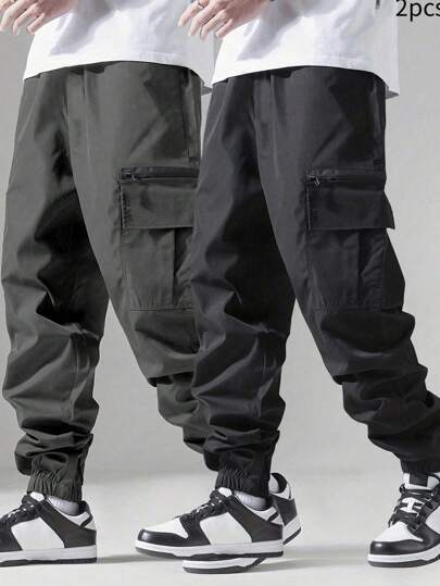 SHEIN 2pcs/Set Tween Boy Casual Loose Solid Color Pockets Elastic Cuff Woven Trousers, Versatile; Black Cargo Pants;Grey Cargo Pant; Tween Boy Cargo Pants; Baggy Cargo Pants;Boys Fall Clothes