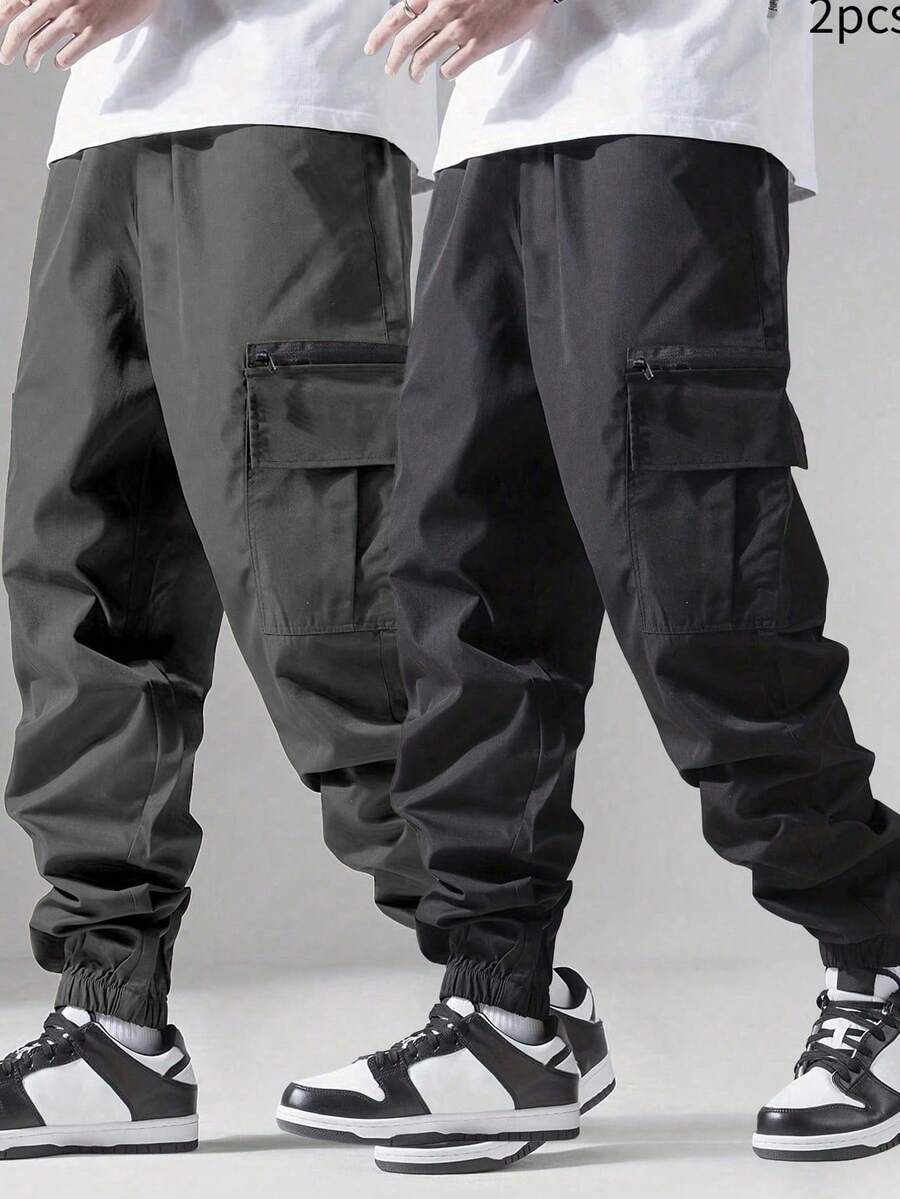 SHEIN 2 件套青少年男孩休闲宽松纯色口袋弹性袖口梭织长裤，百搭 - 灰色 - 查看 1