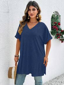 EMERY ROSE Plus Size Summer Casual Solid Batwing Sleeve Side Slit T-Shirt - Blue - View 3