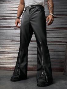 AXEPEAK Men's Street Fashion Leather Zipper Decor Pants , Fall Winter - Black - View 1