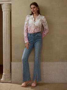 MOTF PREMIUM PINK OMBRE HOLLOW GUIPURE LACE RHINESTONE DECORATIVE CASUAL SUMMER TOP FOR WOMEN - Pink - View 4