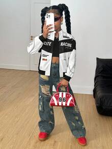 SHEIN Tween Girl Casual Everyday Letter & Graphic Print Loose Fit Zip-Up Jacket Girls Racing Jacket Girls Graphic Jacket Kids Racing Jacket,In Fall/Winter