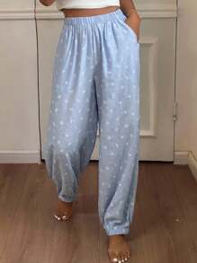 DAZY Women's Bow Pattern Allover Print Ruched Hem Lantern Pajama Pants, Fall - Blue - View 4