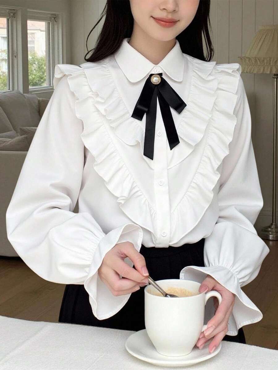 SHEIN 少女优雅褶皱领荷叶边袖休闲白衬衫白色荷叶边衬衫荷叶边衬衫白色蝴蝶结衬衫女童白色荷叶边衬衫女式荷叶边衬衫荷叶边衬衫女童蝴蝶结衬衫领衬衫带蝴蝶结的白色衬衫 - 白色 - 查看 1
