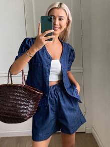 DAZY 深色水洗牛仔风格撞色蕾丝泡泡袖休闲上衣和松紧腰短裤套装 - 深色水洗藍 - 查看 1