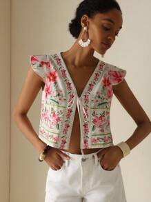 Vesra Elegant Summer Floral Print & Tied Hem Cropped Blouse Top - Multicolor - View 4