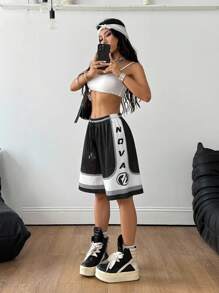 Coolane Quần short thể thao lưới thoáng khí cho nữ mùa hè, quần short bóng rổ, đồ họa lễ hội rave thể thao ngày thi đấu - Đen và trắng - Xem 7