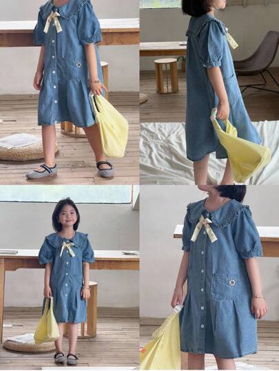 Denimly Young Girl Vintage Casual Urban Peter Pan Collar Puff Sleeve Denim Dress, For Back To School