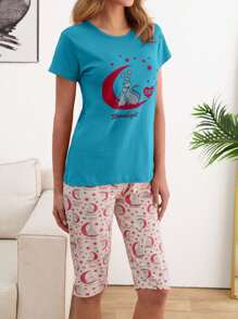 RueChic 棉质女士两件套可爱猫咪印花短袖和彩色猫咪与月亮印花七分裤睡衣套装 - 墨綠色 - 查看 5