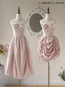 SHEIN MOD 优雅可调节长度的粉色褶饰可爱抹胸连衣裙，两种穿法。乡村装、海滩度假装、茶会装、端庄装、舞会装、薰衣草夏威夷连衣裙、女士太阳裙、波西米亚风 - 粉色 - 查看 1