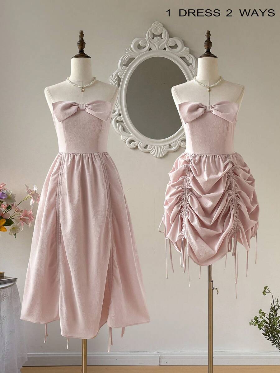 SHEIN MOD 优雅可调节长度的粉色褶饰可爱抹胸连衣裙，两种穿法。乡村装、海滩度假装、茶会装、端庄装、舞会装、薰衣草夏威夷连衣裙、女士太阳裙、波西米亚风 - 粉色 - 查看 1