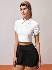 Gameset SHEIN Sport 女式夏季撞色抽绳褶皱短袖短款休闲运动 Polo 衫 - 白色 - 查看 4