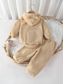 2 piezas Conjunto de body con capucha de manga larga y pantalones de unicolor casual para bebé niño, Conjunto de ropa de invierno de 2 piezas con pelaje para bebé, Conjunto de ropa casual para bebé, Ropa de bebé neutra, Conjunto de ropa para bebé recién nacido niño de 0-3 meses, 3-18 meses, Ropa de invierno para bebé, Body con capucha para bebé, Conjunto de ropa de bebé suave e infantil - Albaricoque - Ver 2