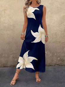 EMERY ROSE Casual Floral Pattern Round Neck Long Dress For Women, Suitable For Summer Suitable For Going Out Chic Dress - Multicolor - View 6