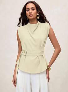 EMERY ROSE 女士时尚高领不对称褶饰肩部可调节腰部无袖芥末黄上衣/衬衫 - 米色 - 查看 2