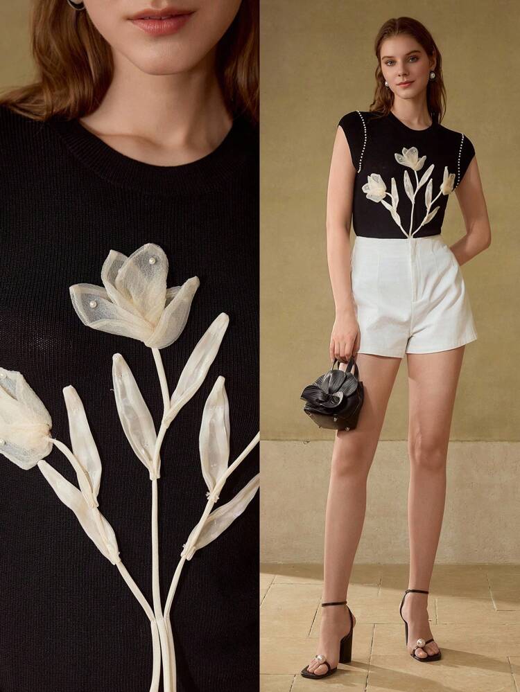 FAUX PEARL DETAIL APPLIQUES KNIT TOP