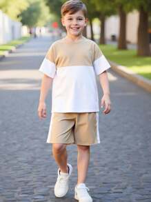 2 件青少年男童休闲日常搭配宽松拼布圆领短袖 T 恤和短裤两件套 - 彩色 - 查看 7
