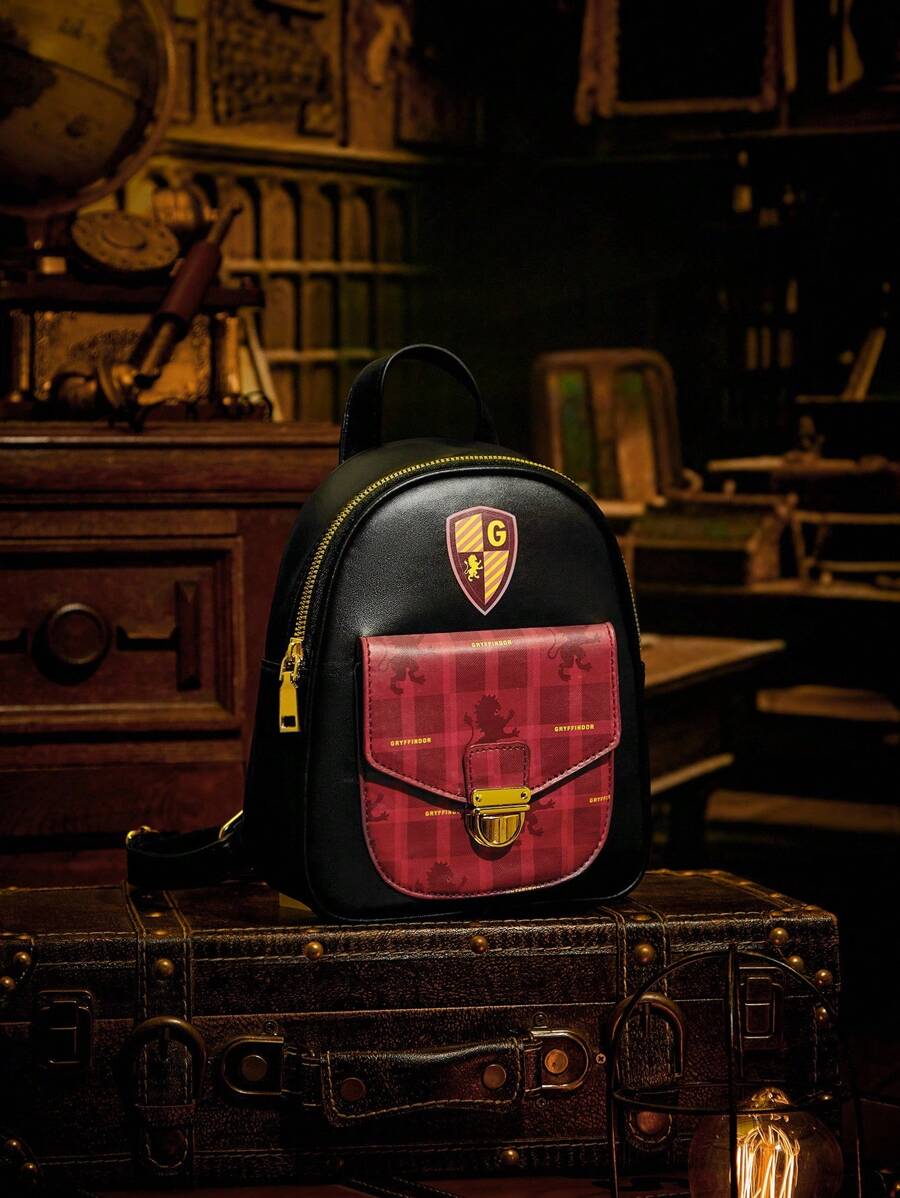 HARRY POTTER X SHEIN Mochila con cremallera y gráfico de letras de color contrastante, mochila escolar - Rojo - Ver 1