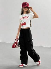 2 Stücke Set: Crop Top mit Kirsche Muster + Cargohose, für Mädchen in Große Größen