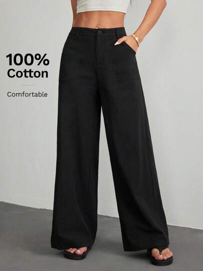 SHEIN PETITE 女士纯色口袋休闲宽松低腰直筒裤