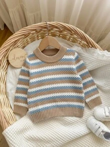 SHEIN Babygirl Casual Striped Long Sleeve Sweater, Versatile For Autumn/Winter Baby Knitwear Baby Sweater Striped Baby Sweater Baby Boy Sweater Baby Girl Sweater