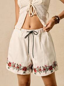 Easelle Damen Denim Shorts mit lockerer Passform, Blumenstickerei und Tunnelzug Taille - Aprikosenfarben - Übersicht 6