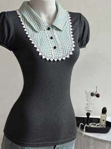 Elamini Vintage Sexy Plaid Patchwork Turndown Collar Short Sleeve Tight Fit T-Shirt, Summer - Dark Grey - View 5