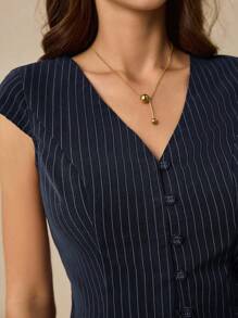 Poéselle Áo sơ mi nữ ngắn mùa hè cổ chữ V sọc dọc một hàng khuy - Màu xanh hải quân - Xem 3