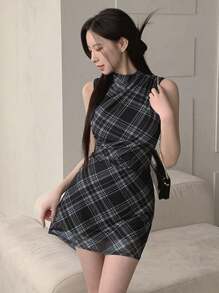 DAZY 女士格子无袖收腰迷你连衣裙 夏季女装 - 藍色 - 查看 5