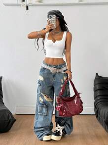 Coolane Women's Summer Concert Rave Festival Going Out Renaissance Fair Club Sexy Y2K Rib Knit White Notched Collar Truncated Tank Top - White - View 5