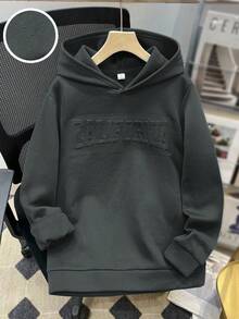 SHEIN 青少年男孩休闲连帽运动衫，带有英文 3D 压花印花，长袖，适合秋季、冬季、学校、家居、日常、运动、生日派对、郊游，百搭百搭简约