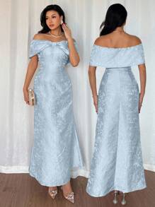 Rafferiza 时尚优雅节日宴会单肩蝴蝶结收腰包臀缎面亮粉色提花女装春夏长款连衣裙名媛派对礼服 - 藍色 - 查看 2