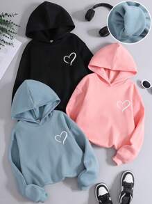 SHEIN 3pcs Tween Girls' Loose Casual Comfortable Soft Versatile Heart Print Sweatshirt Set,In Fall/Winter - Multicolor - View 2