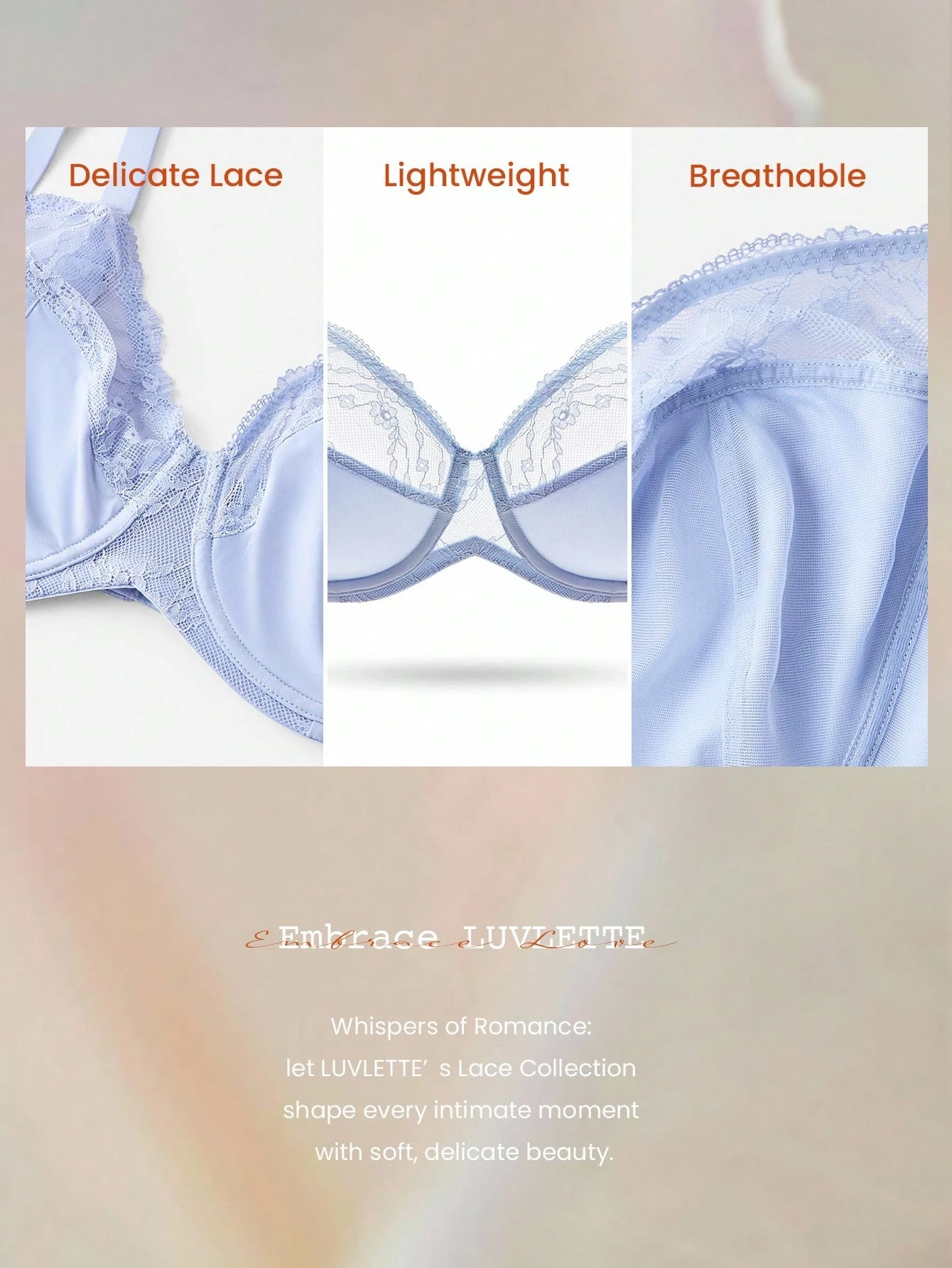 Soutien-gorge minimisateur bleu élégant en dentelle et maille respirante avec armatures pour une couverture complète, lingerie sexy