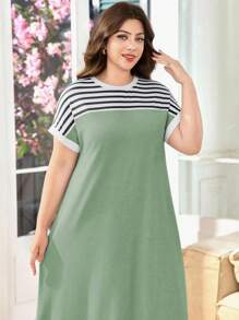 SHEIN Lacomfia 大码纯色短袖连衣裙，夏季时尚 - 橄欖綠 - 查看 4