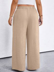 Linhara 大码女式纯色腰带口袋阔腿裤 - 杏色 - 查看 2