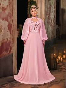Plus Size Elegant Romantic Sweetheart Neck Detachable Sleeve Handmade Bead Decor Luxury Sequin Spliced Chiffon Big A-Line Hem Evening Gown, Summer - Pink - View 4