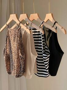 SHEIN EZwear Bộ 4 áo hai dây nữ nhiều họa tiết, kiểu dáng ôm sát, có dây đeo, thích hợp cho mùa hè và đi học. - Nhiều màu - Xem 5