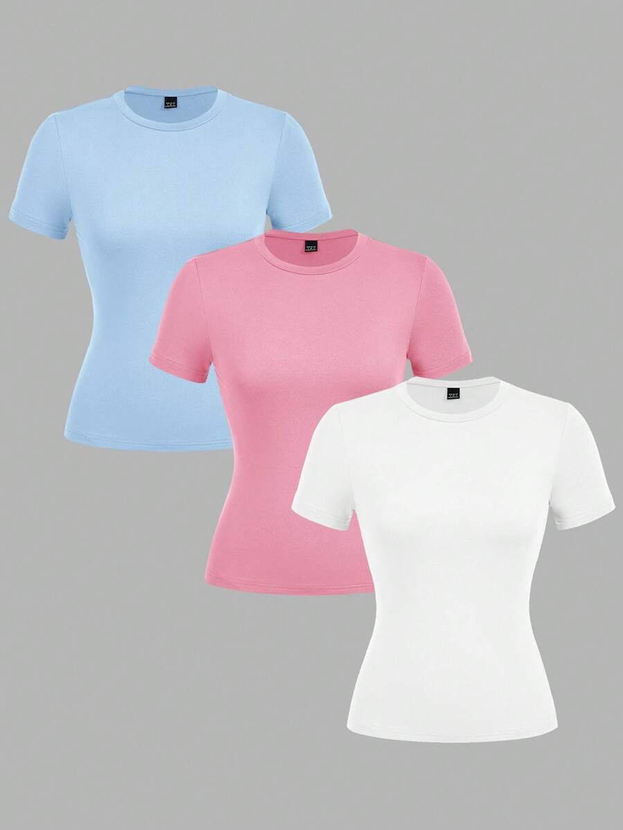 SHEIN EZwear 3件套女士休闲紧身圆领长袖T恤套装，浅蓝色，浅粉色，白色，适合夏季