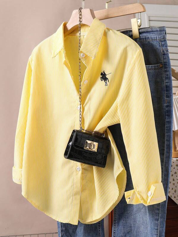 SHEIN 1pc Girls Turndown Collar Long Sleeve Striped Shirt With Front Embroidery Pattern, Casual Blouse For Autumn Fall Winter