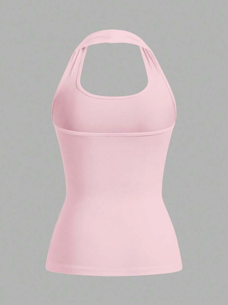 SHEIN EZwear قميص كاجوال ضيق للنساء بياقة حلقة, لون وردي، مناسب للصيف - وردي فاتح - مشاهدة 2