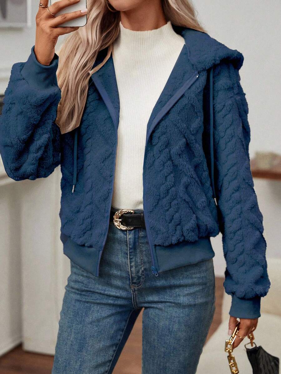 EMERY ROSE Women's Casual Solid Color Textured Fuzzy Zip Up Hooded Jacket Fall Winter Cloth For Women