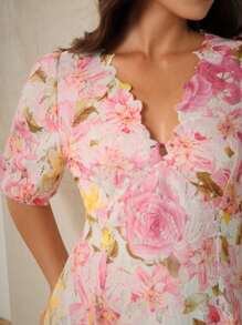 Anewsta Plus Size Women V-Neck Short Puff Sleeve Gathered Waist A-Line Lace Floral Dress, Suitable For Summer, Festival, Holiday, Vacation, Elegant