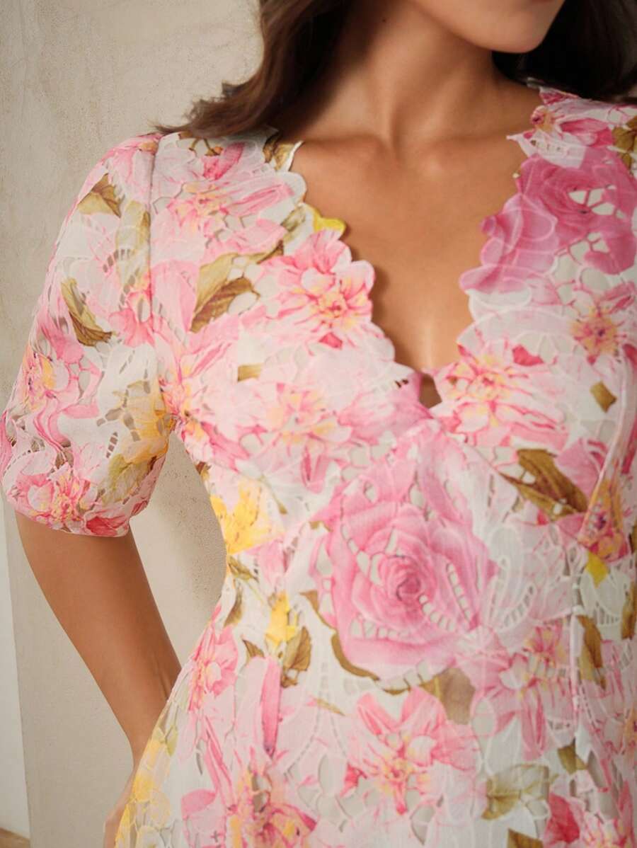 Anewsta Plus Size Women V-Neck Short Puff Sleeve Gathered Waist A-Line Lace Floral Dress, Suitable For Summer, Festival, Holiday, Vacation, Elegant