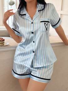 Bộ đồ ngủ và áo len cardigan sọc tương phản túi trái tim bằng lụa giả, đồ mặc ở nhà - Màu xanh lam - Xem 5
