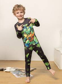 TEENAGE MUTANT NINJA TURTLES | SHEIN Young Boy Cartoon Turtle Pattern Black Tight-Fitting Long Sleeve T-Shirt & Pants Casual Pajama Set - Multicolor - View 3