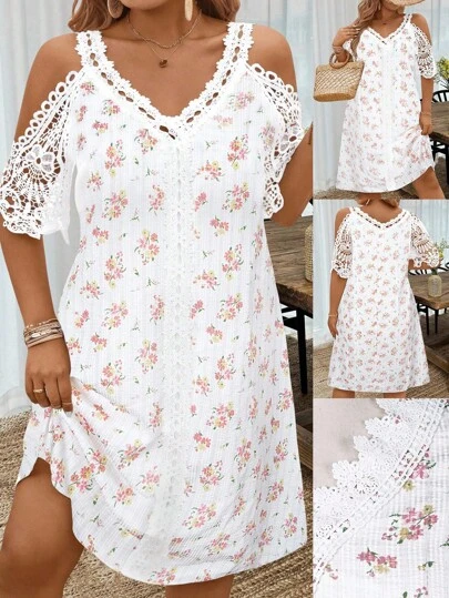 SHEIN Clasi Vestido recto con hombros descubiertos, estampado floral y contraste de encaje para tallas grandes